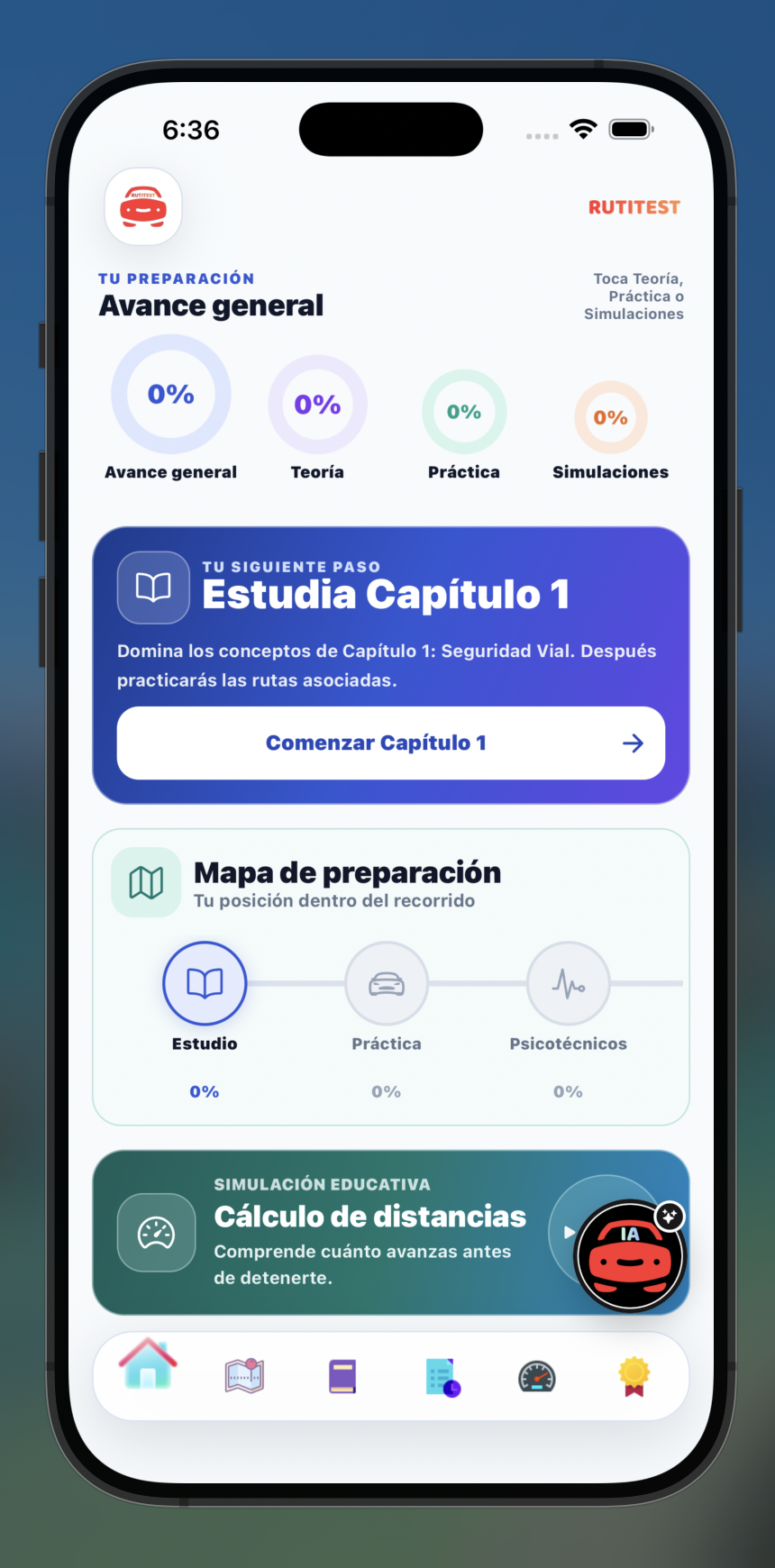 Inicio de RutiTest con avance general, siguiente paso y mapa de preparación