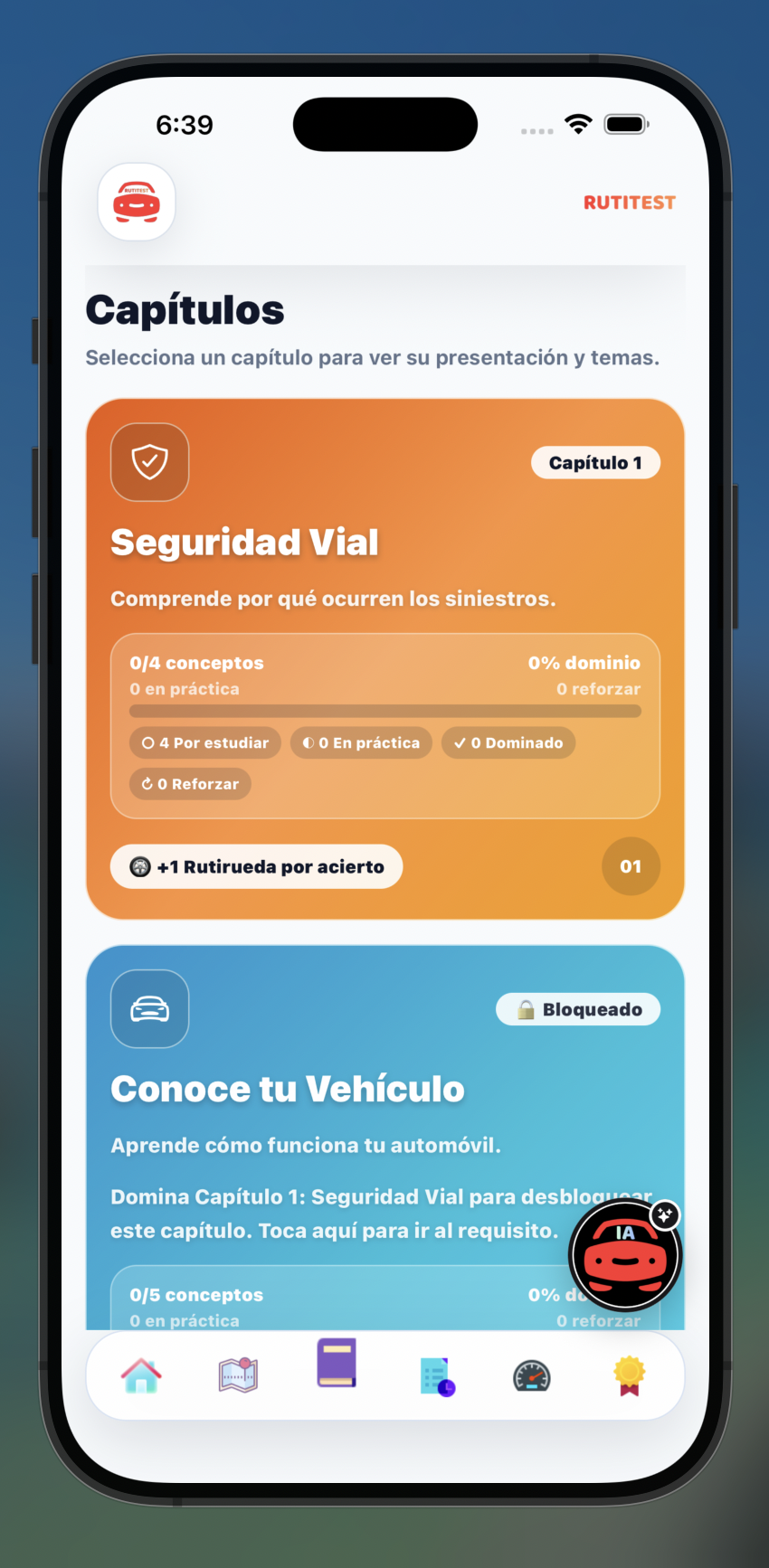 Capítulos de estudio de RutiTest con dominio por conceptos y desbloqueo progresivo