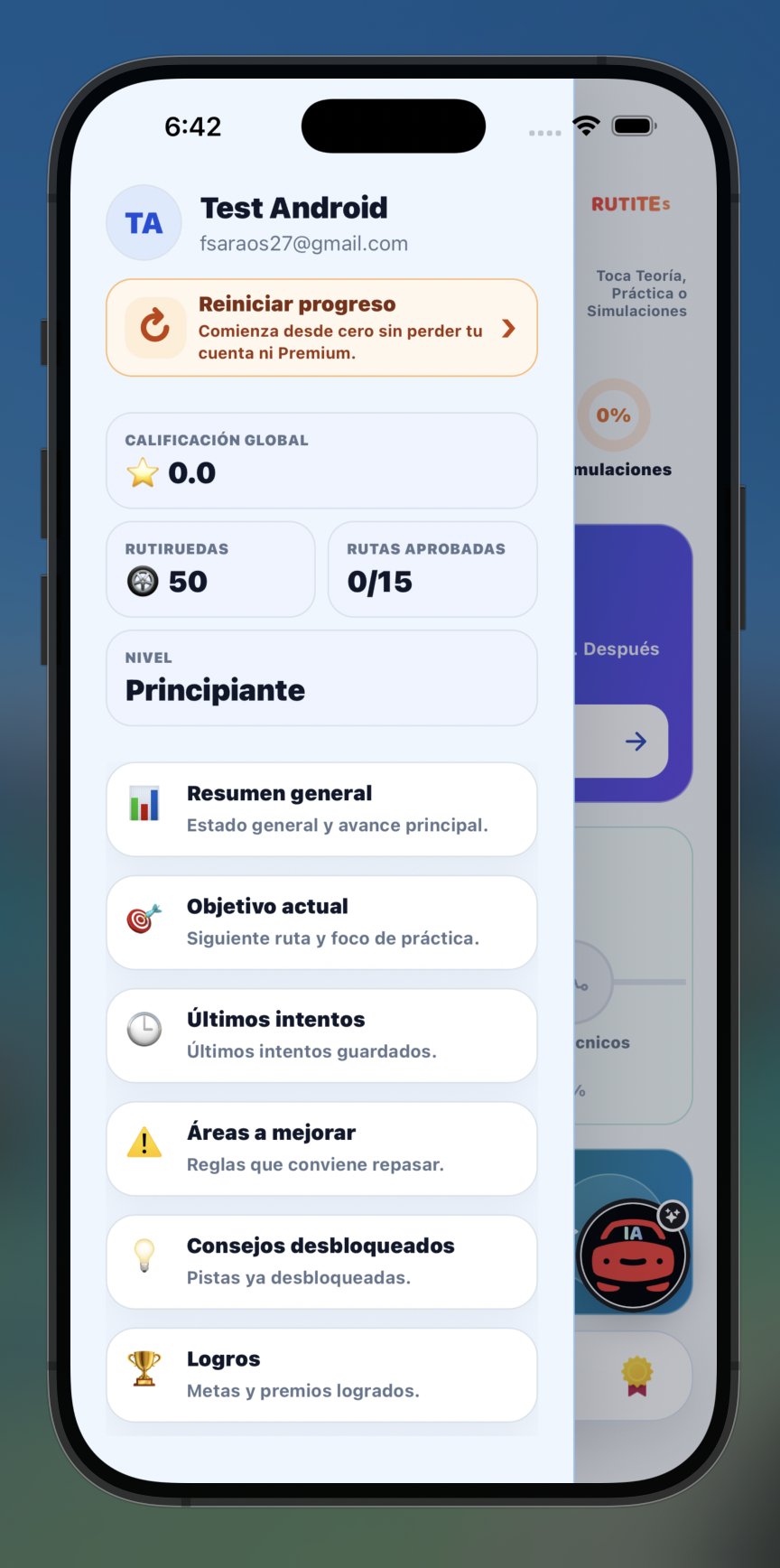 Menú de seguimiento de RutiTest con resumen, objetivos y áreas a mejorar