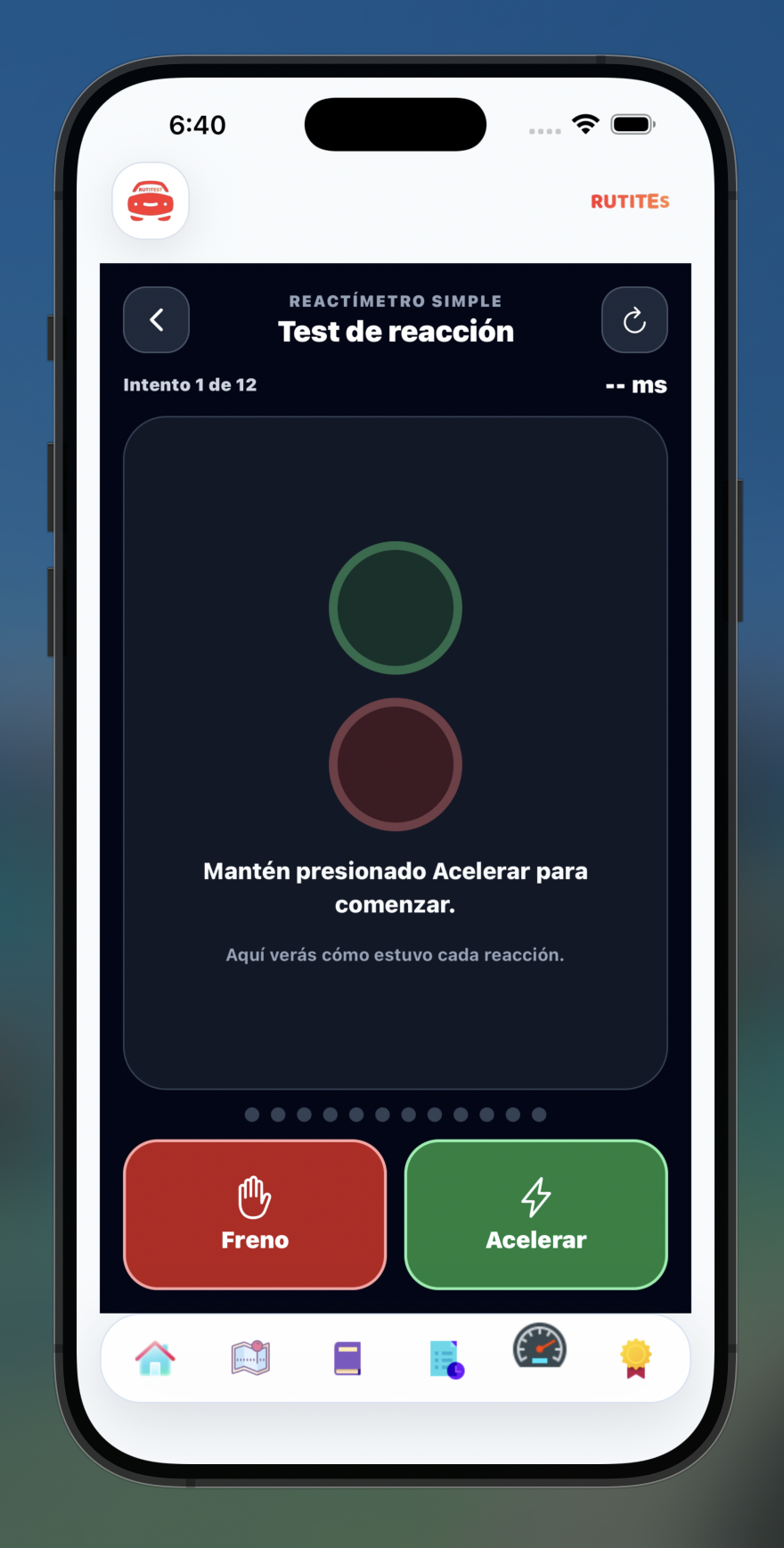 Test psicotécnico de reacción y frenado de RutiTest