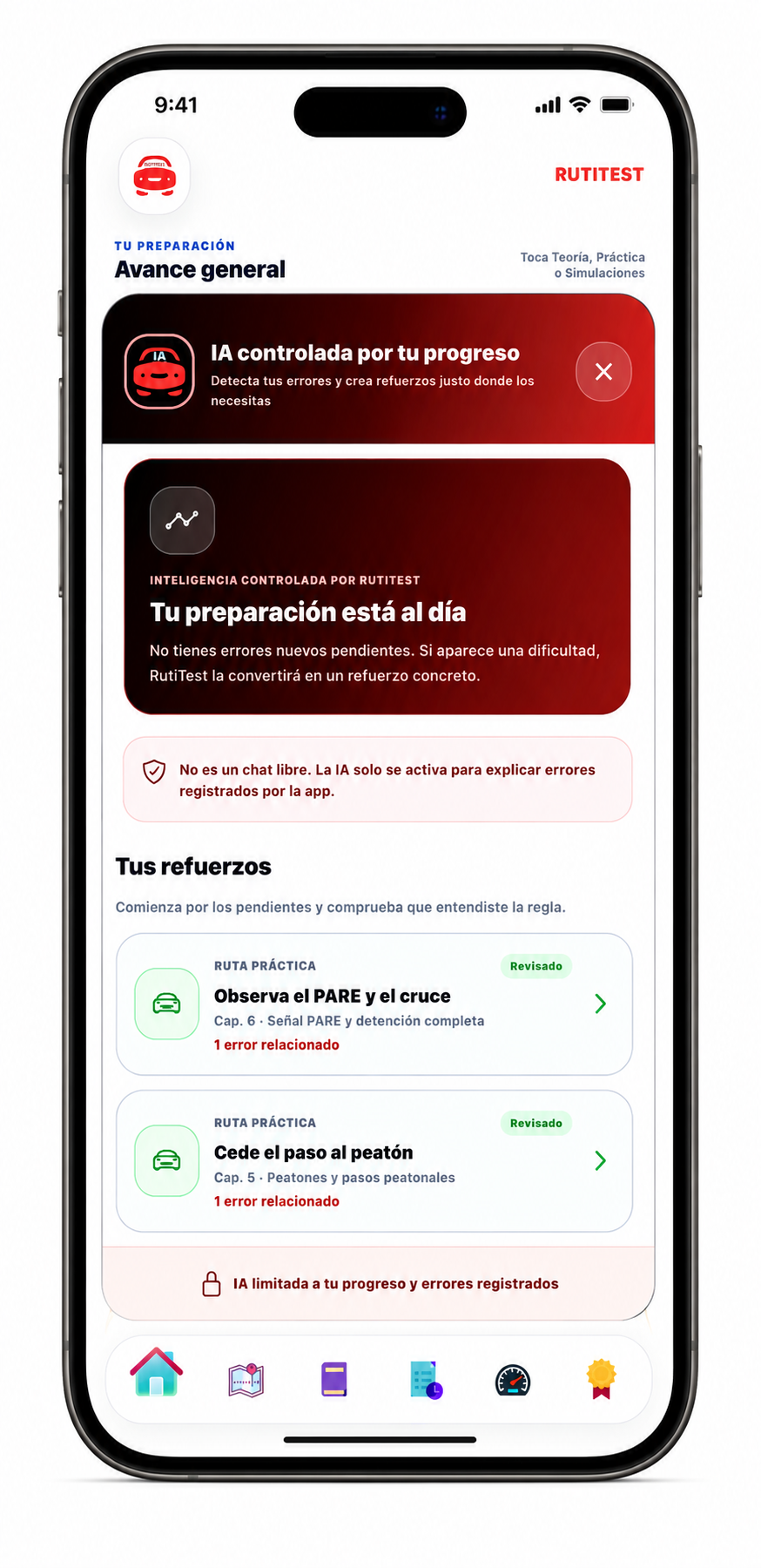 Pantalla de RutiTest IA controlada por el progreso del estudiante
