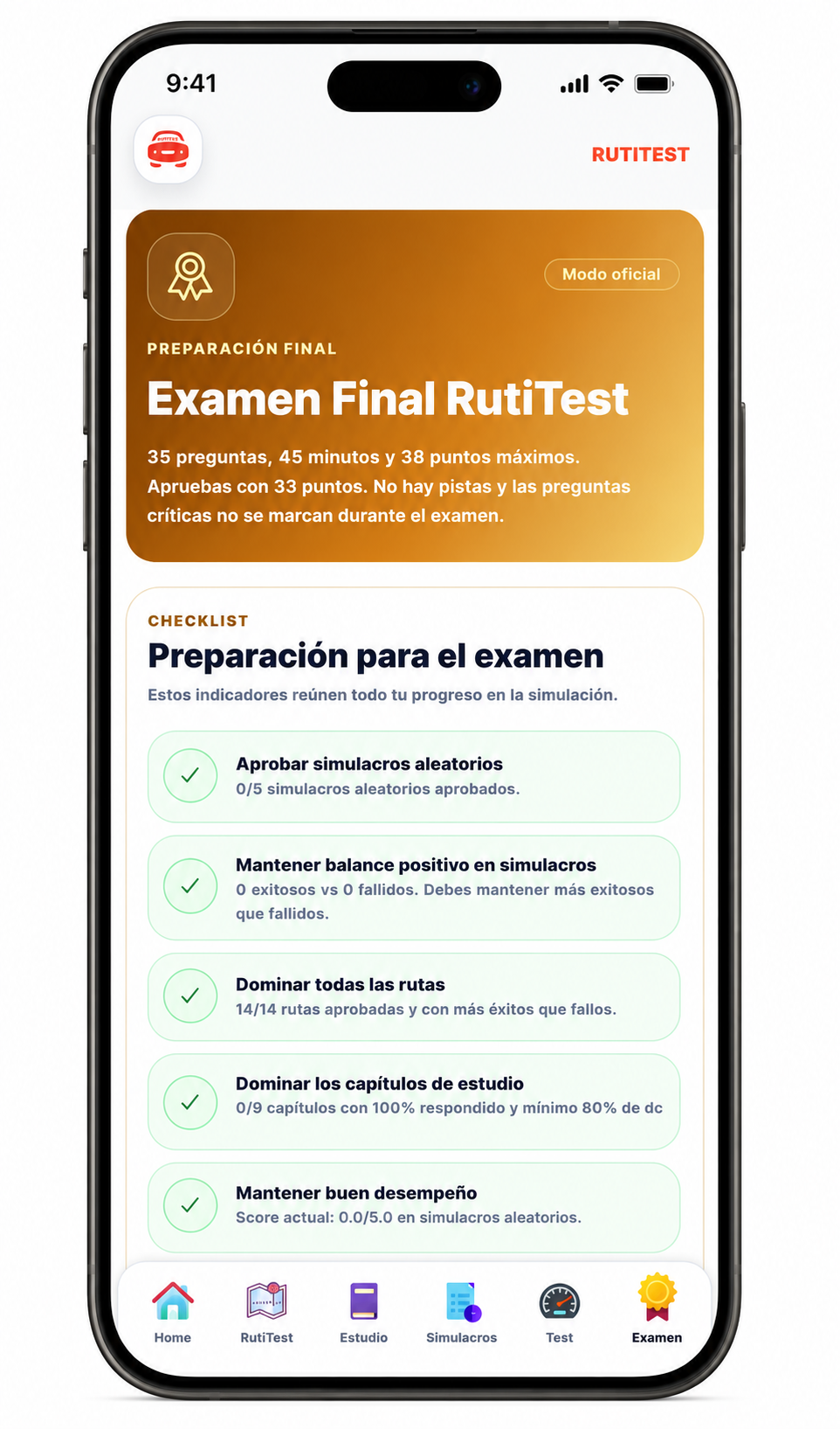 Pantalla del examen final RutiTest