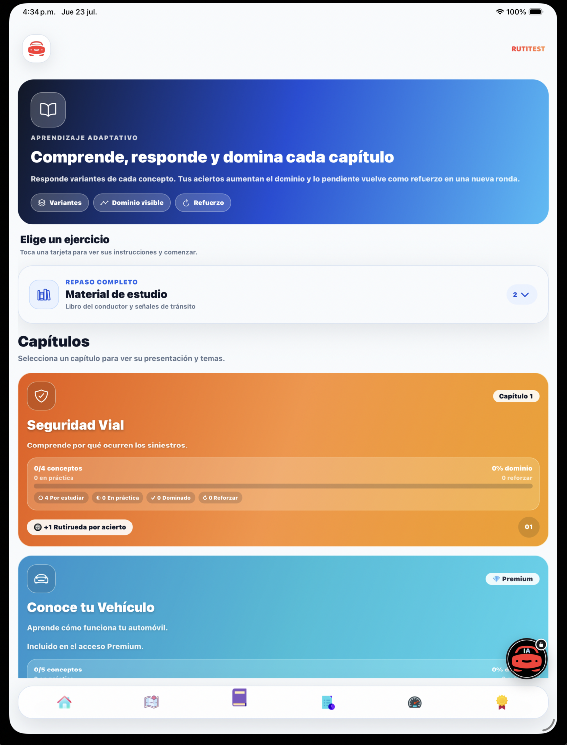 Aprendizaje adaptativo por capítulos de RutiTest en tablet