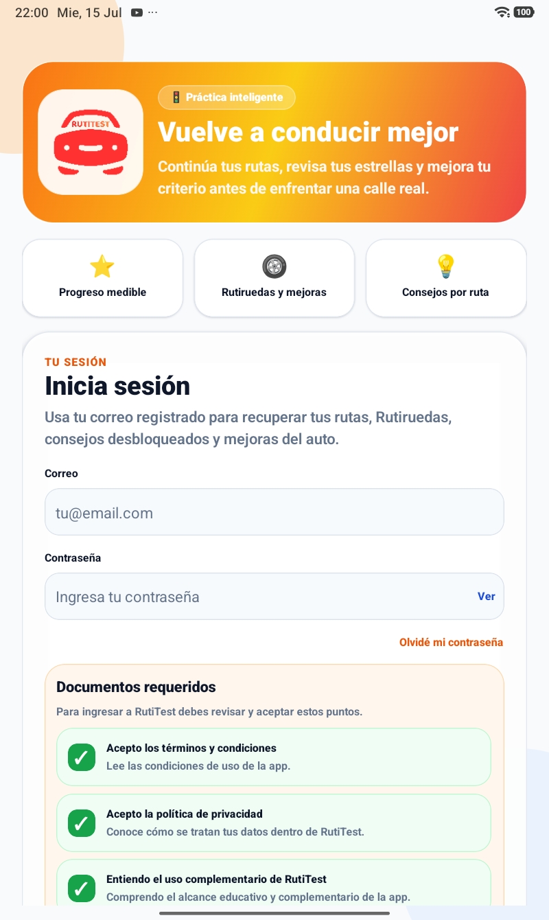 Simulación de ruta de RutiTest en tablet